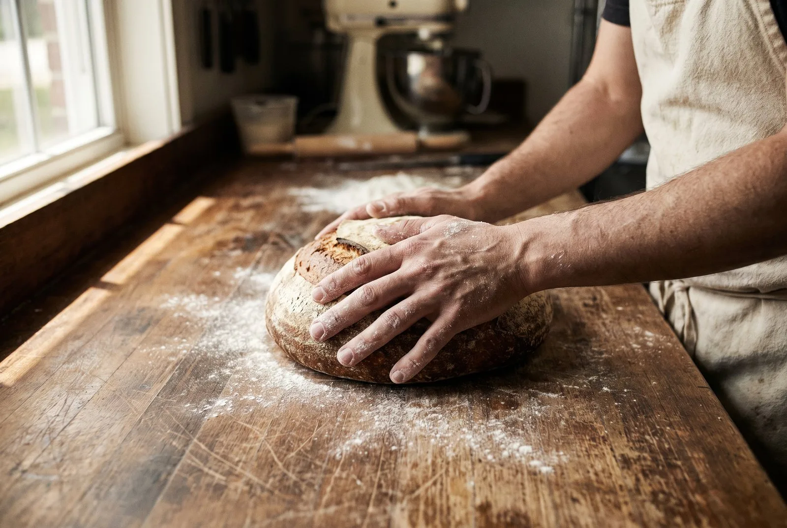 Bäckerhände formen ein rundes Sauerteigbrot auf bemehltem Holztisch